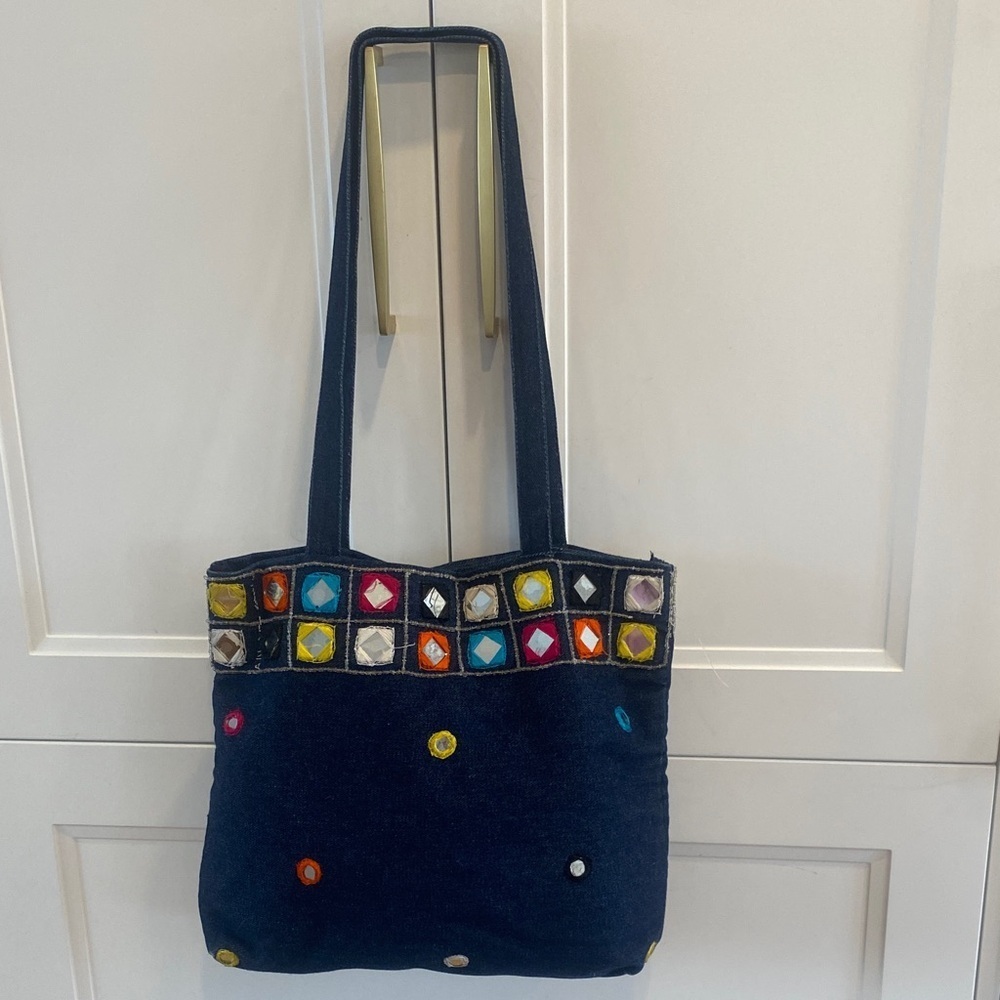 PEGABO vintage Dark Roc Thick DenimTote Bag with shiny Colourful embellishments
